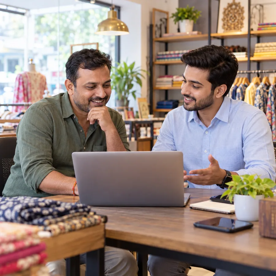 Indian business owner discussing a digital plan